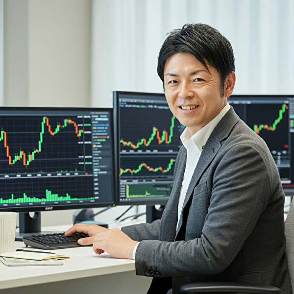 ナナキ FXから学ぶFX成功の秘訣を象徴する日本人男性が取引モニターを前に自信を持って微笑む姿