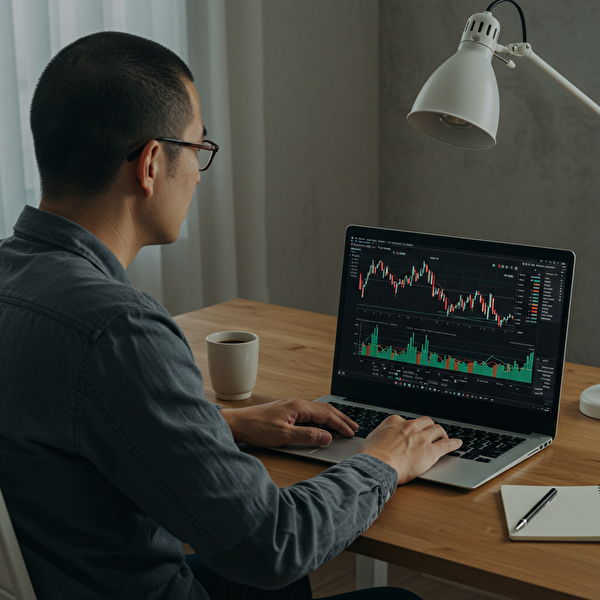40代日本人男性が自宅オフィスでFX取引チャートを分析している様子。ラップトップ、コーヒーカップ、ノートが並び、集中した雰囲気が伝わるアイキャッチ画像。