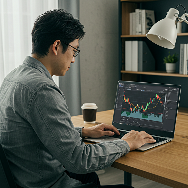 信頼性の高いスキャルピング業者を探すためにトレーディングプラットフォームを分析する日本人男性