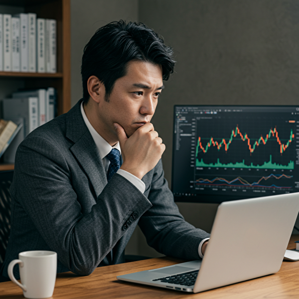 スキャルピング禁止業者を避けるために利用規約を確認する30代の日本人男性がノートパソコンでデータを分析している様子