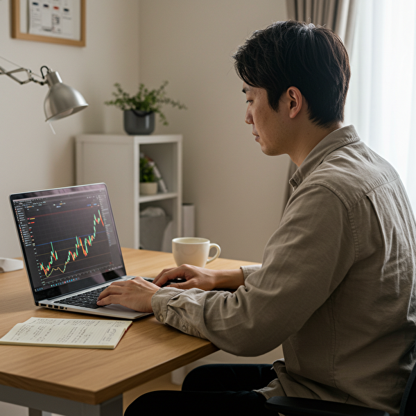 スキャルピング初心者が海外FXで成功するためのステップを学ぶ35歳の日本人男性。ノートパソコンでチャートを確認しながら真剣な表情を浮かべている。