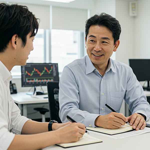 FXスキャルピング成功と失敗のポイントを学ぶ日本人男性二人。40代のトレーダーが若手に取引結果を説明するオフィスでの光景。