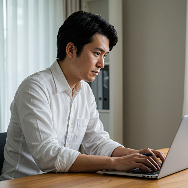 JFXスキャルピングを始めるための準備をする30代の日本人男性が、モダンなホームオフィスでノートパソコンを使ってトレーディングチャートを分析している様子