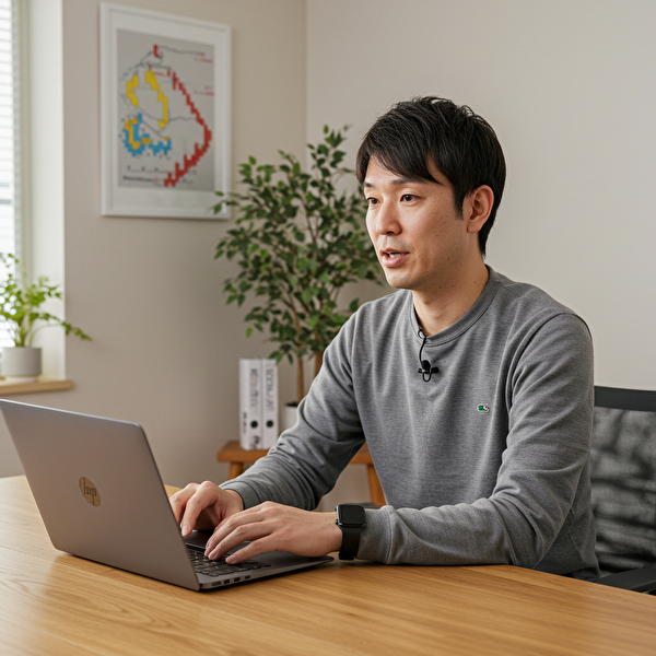 JFXスキャルピングに関するよくある質問を回答する30代の日本人男性が、自宅オフィスでノートパソコンを操作しながら微笑んでいる様子。