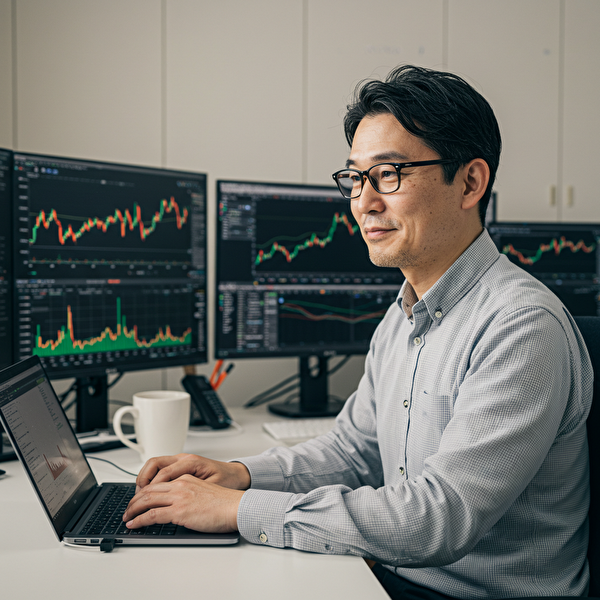 リスク管理と資金管理を考えながらFXスキャルピング手法を実践する日本人男性。整ったデスク環境と複数のモニターで取引に集中している様子。