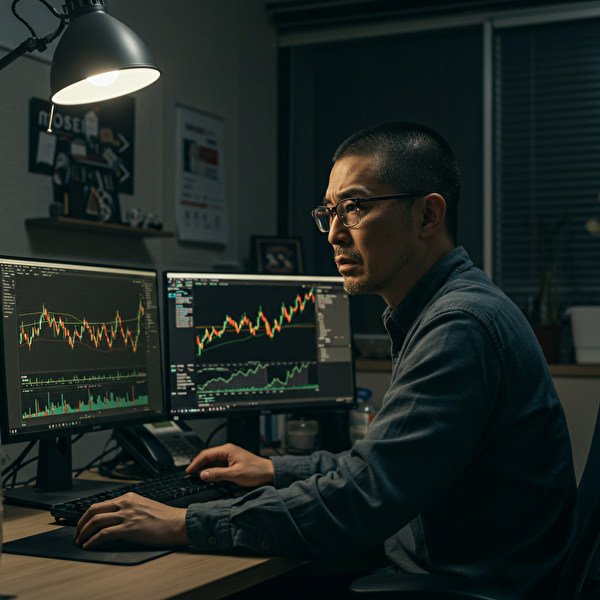 40代の日本人男性がFXチャートを見て悩む様子