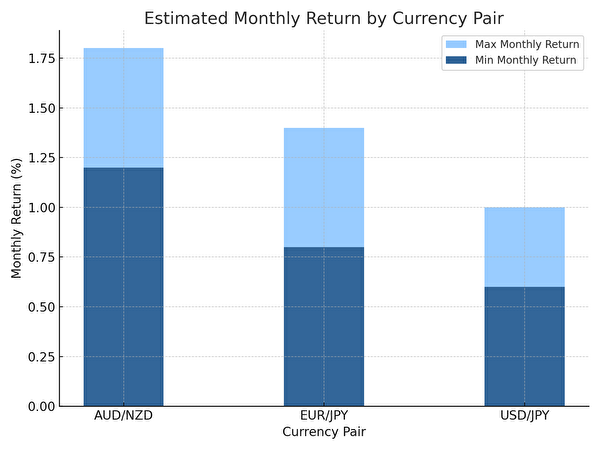 トラリピ通貨ペア別の想定月間利回り比較グラフ（豪ドル/NZドル、ユーロ/円、ドル/円）