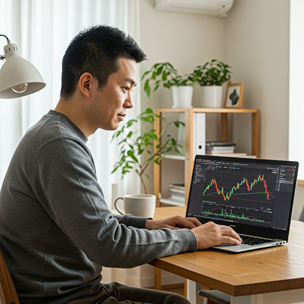 ユーロ円トラリピの設定を学ぶ一般的な日本人男性トレーダーの自宅ワーク風景