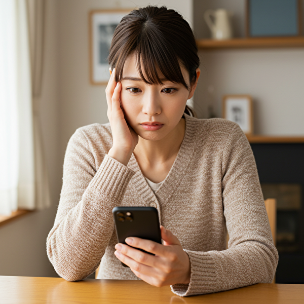 30代の日本人女性が自宅でスマホを操作しながら『トラリピ 鈴 嘘』と検索している様子。不安そうな表情が印象的で、トラリピの真偽を確かめようとしている場面。