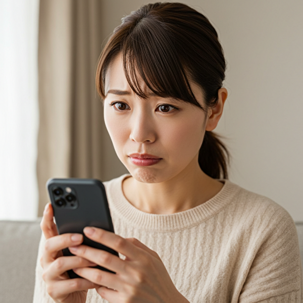 SNSを見ながら困惑した表情を浮かべる30代の日本人女性。トラリピに関する誇張された情報に疑問を感じている様子。