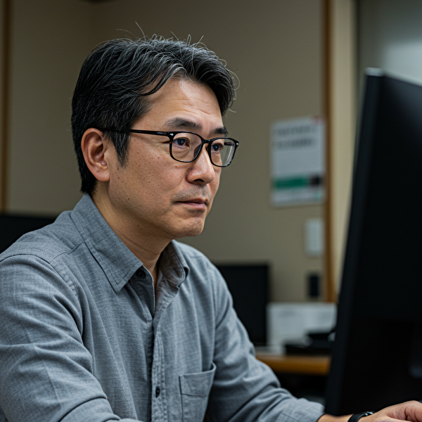 真剣な表情でFXチャートを見つめる眼鏡の日本人男性。15年の経験をもとにトラリピの手法を分析している様子。