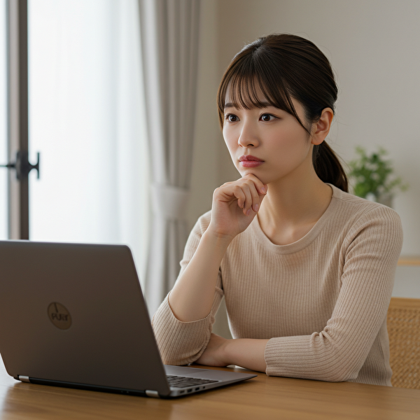 ノートPCを開き、悩みながらもトラリピの運用を前向きに検討している30代の日本人女性。自宅での真剣な表情が印象的。