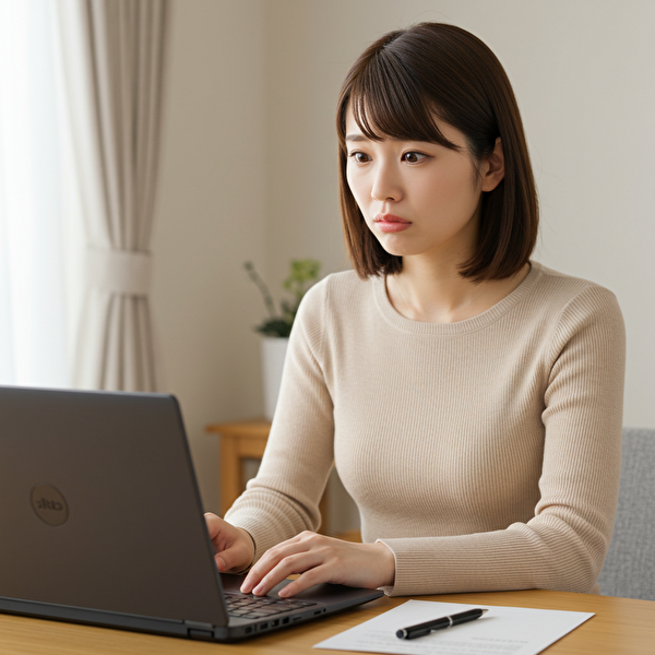 パソコン画面を前に、トラリピを始めるかどうか迷っている30代の日本人女性。不安と疑問が入り混じった表情が特徴。