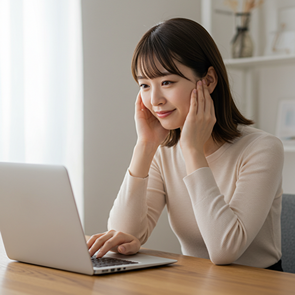 安心した表情でノートパソコンを見つめる30代の日本人女性。トラリピ運用に向けて前向きに行動しようとする雰囲気。