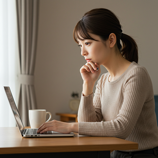 自宅のデスクで『トラリピ 鈴 嘘』と検索し、真剣な表情でFX情報を調べる30代の日本人女性。