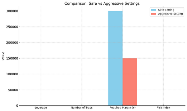 安全設定と攻め設定の違いを比較した金融グラフ。レバレッジや証拠金、リスク指数を可視化して、初心者でも直感的に理解できるようにした図。
