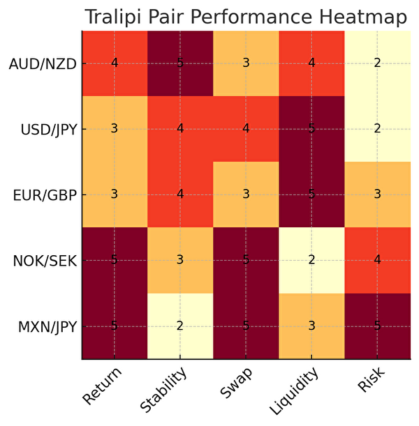 トラリピにおける通貨ペア5種（AUD/NZD、USD/JPY、EUR/GBP、NOK/SEK、MXN/JPY）を利回り、安定性、スワップ、流動性、リスクの5項目で比較したヒートマップ図。