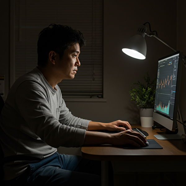 落ち着いた表情でFXチャートを分析する40代の日本人男性。静かな環境で短期売買に集中している様子。