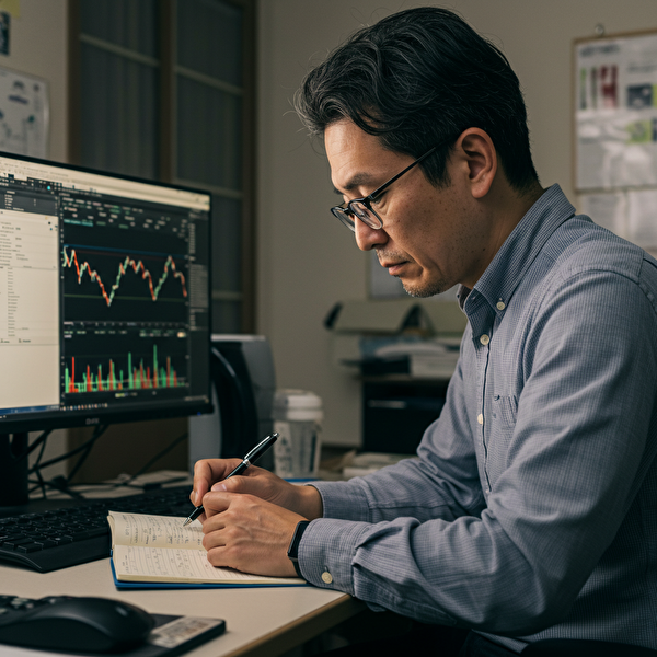リスク管理を意識しながら、損切りとロット数をメモ帳に書き込む40代の日本人FXトレーダー。慎重な判断と資金管理の重要性が伝わるイメージ。