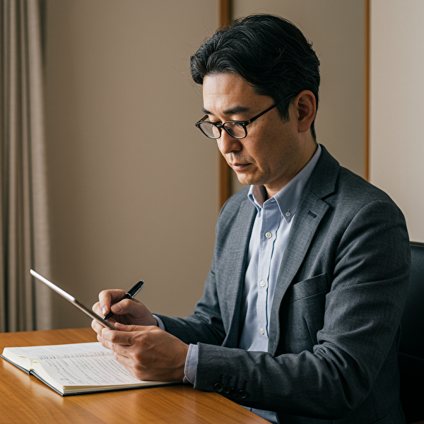 過去の取引を振り返りながら、自分の判断を見つめ直している40代の日本人トレーダー。感情を抑えて冷静に成長を目指す姿勢が伝わるイメージ。