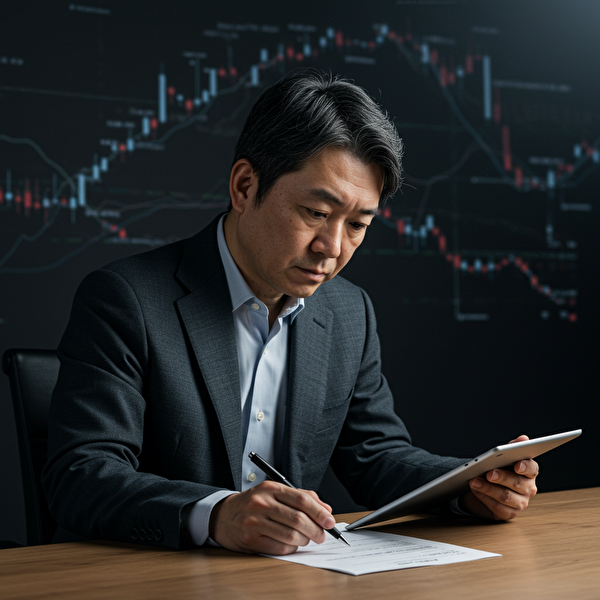 資金管理ノートを見ながら、真剣な表情でリスクと向き合う40代の日本人トレーダー。感情を抑えて冷静に判断する姿勢が伝わるイメージ。
