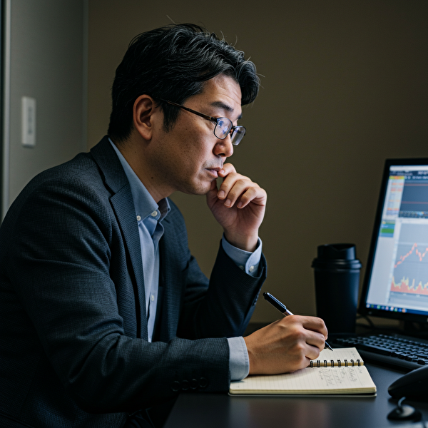 冷静にチャートと向き合い、自分のトレード判断を振り返る日本人トレーダーの様子