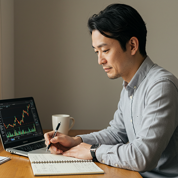 ノートとチャートを見ながらトレードの判断力を磨く男性のイメージ写真