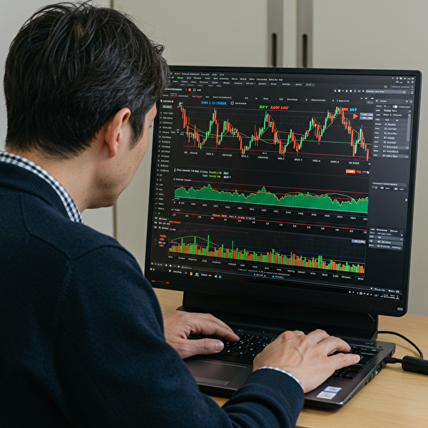 買い・売りのサインが表示されたチャートを見ながら、落ち着いて取引している日本人男性の様子（初心者にもわかりやすいエントリーサポートのイメージ）