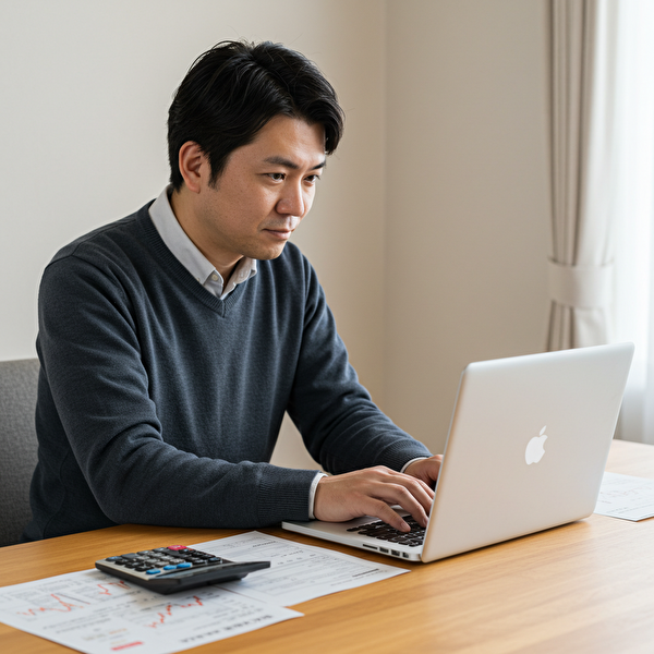 e-TaxでFXの損失を申告しようとしている日本人男性が、ノートパソコンの画面を見ながら入力方法を確認している様子。机の上には電卓やチャート、確定申告書類が置かれており、不安ながらも前向きに取り組んでいるイメージ。