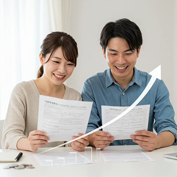 確定申告によって節税できることに安心し、笑顔を見せる若い日本人の夫婦または男性投資家のイメージ。机の上には確定申告書や通帳があり、背景には上昇グラフが描かれていて、ポジティブな節税の雰囲気を伝える。