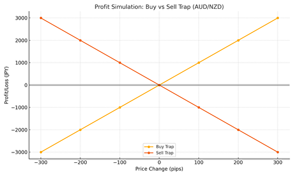 AUD/NZDの価格変動に対する買いトラップと売りトラップの損益比較グラフ。300pipsの上下変動時にどう損益が変動するかを視覚化