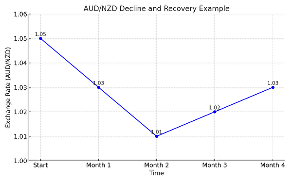 AUD/NZDの過去の下落トレンドと回復の実例を示した折れ線グラフ。1.05から1.01まで下落後、1.03まで戻る回復パターンを視覚化。