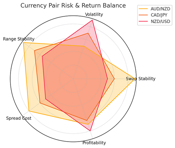 オージーキウイ・CAD/JPY・NZD/USDの通貨特性を比較したリスク＆収益バランスのレーダーチャート