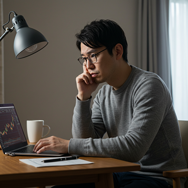 トラリピ運用に不安を感じている日本人男性がパソコン画面を見ながら悩んでいる様子