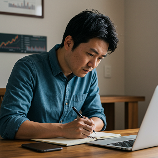 トラリピ運用に備えて資金管理や含み損対策を真剣に考える日本人男性の様子