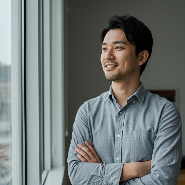 FXトラリピで基盤を築き、次の一手としてCFDに挑戦する日本人男性の前向きな表情。