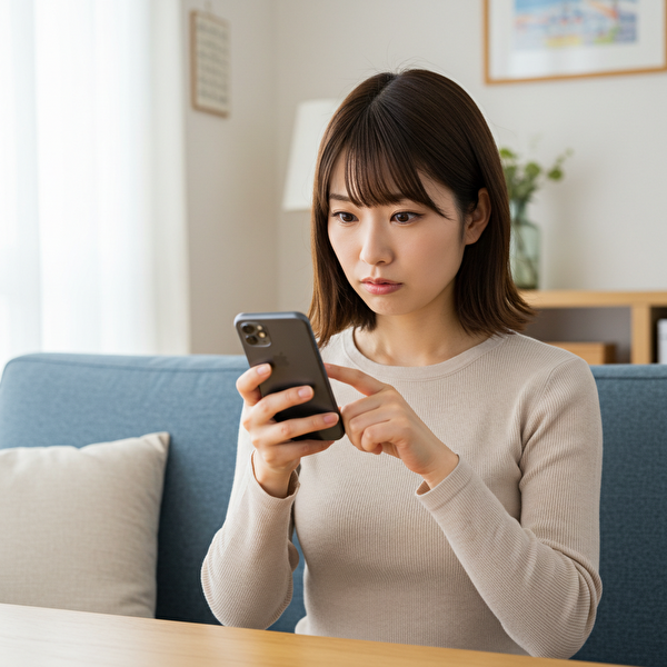スマートフォンでトラリピの口座開設手続きを進める20代女性初心者が、真剣な表情で操作している様子