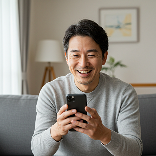 少額からトラリピを始めた40代男性が、自動売買の安心感を感じながらスマートフォンを操作して笑顔を見せている様子