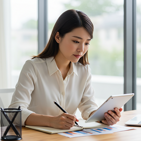 トラリピの運用を継続している30代女性が、収益グラフを見ながらタブレットとノートで振り返りをしている様子