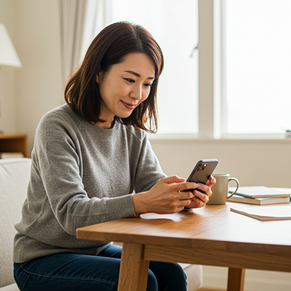 スマートフォンでトラリピの始め方を調べている日本人女性。安心した様子で操作している