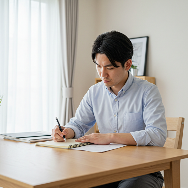 トラリピのリスク管理方法を学びながらノートにメモを取る日本人の投資初心者