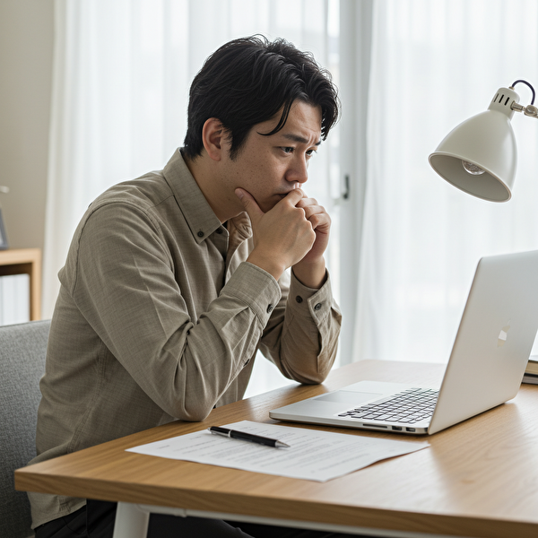 トラリピの含み損を見て不安そうな表情で考え込む日本人の男性。投資初心者のリアルな悩み