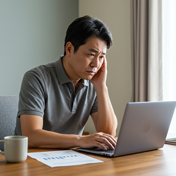 トラリピの含み損に悩み、不安そうにチャートを見つめる日本人男性