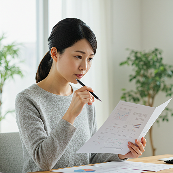 損切りすべきか悩んでいる日本人女性の考え込む表情