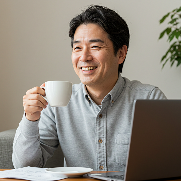 トラリピの運用改善に取り組み、安心した表情を浮かべる日本人男性