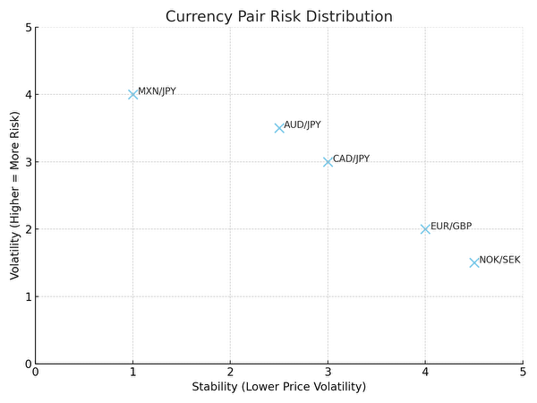 通貨ペアごとの安定性とボラティリティを比較したリスク分布図（トラリピ戦略）