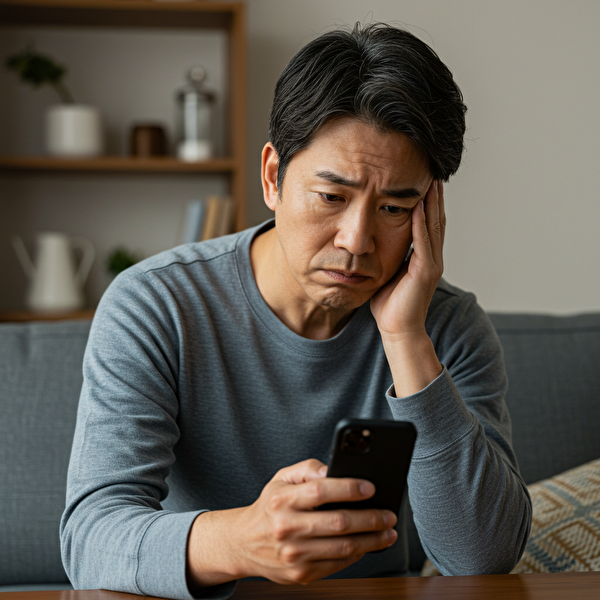 トラリピの停止を迷っている40代男性がスマホで含み損を確認している様子
