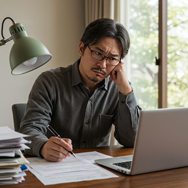 トラリピを損切りすべきか真剣に判断している40代男性の表情