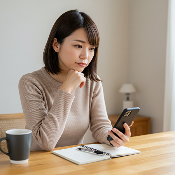 トラリピを始めようか迷っている初心者女性が、スマホで情報収集している様子。安心感のある室内で、自動売買の第一歩に踏み出そうとしているイメージ。