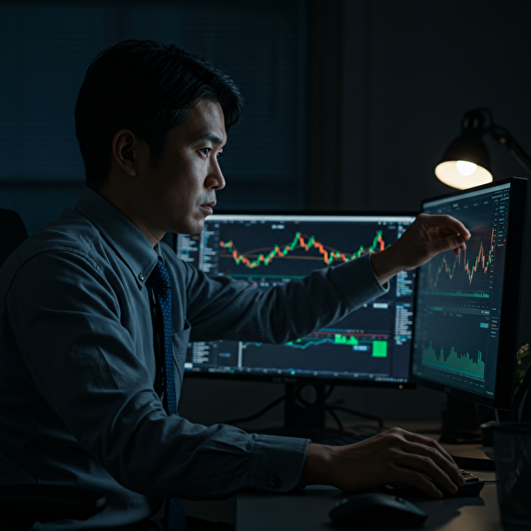 損切り設定を行う日本人FXトレーダーのリアルなイメージ：夜のチャート前で真剣な表情